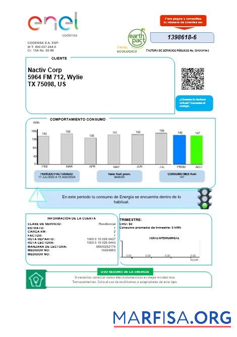 Downloadable Colombia ENEL energy business utility bill template in Word and pdf formats